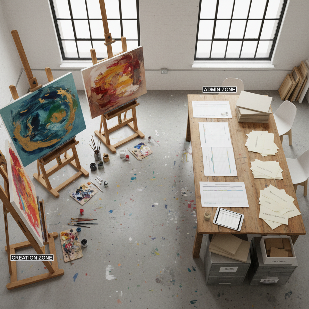 An expansive overhead view of a bright artist’s loft, with two large easels holding in-progress abstract canvases, and a central table dedicated to business planning: printed project timelines, a tablet displaying a simple spreadsheet, and tidy stacks of labeled envelopes. The concrete floor is speckled with paint, while one corner features flat files and archival boxes. Diffused daylight from tall industrial windows bathes the space, creating an even, natural glow and soft, directionless shadows. The atmosphere feels organized yet creative, emphasizing sustainable, ongoing support. Photographic realism, captured from a bird’s-eye perspective that clearly separates the creation zone from the admin zone, with balanced composition and sharp focus across the scene.