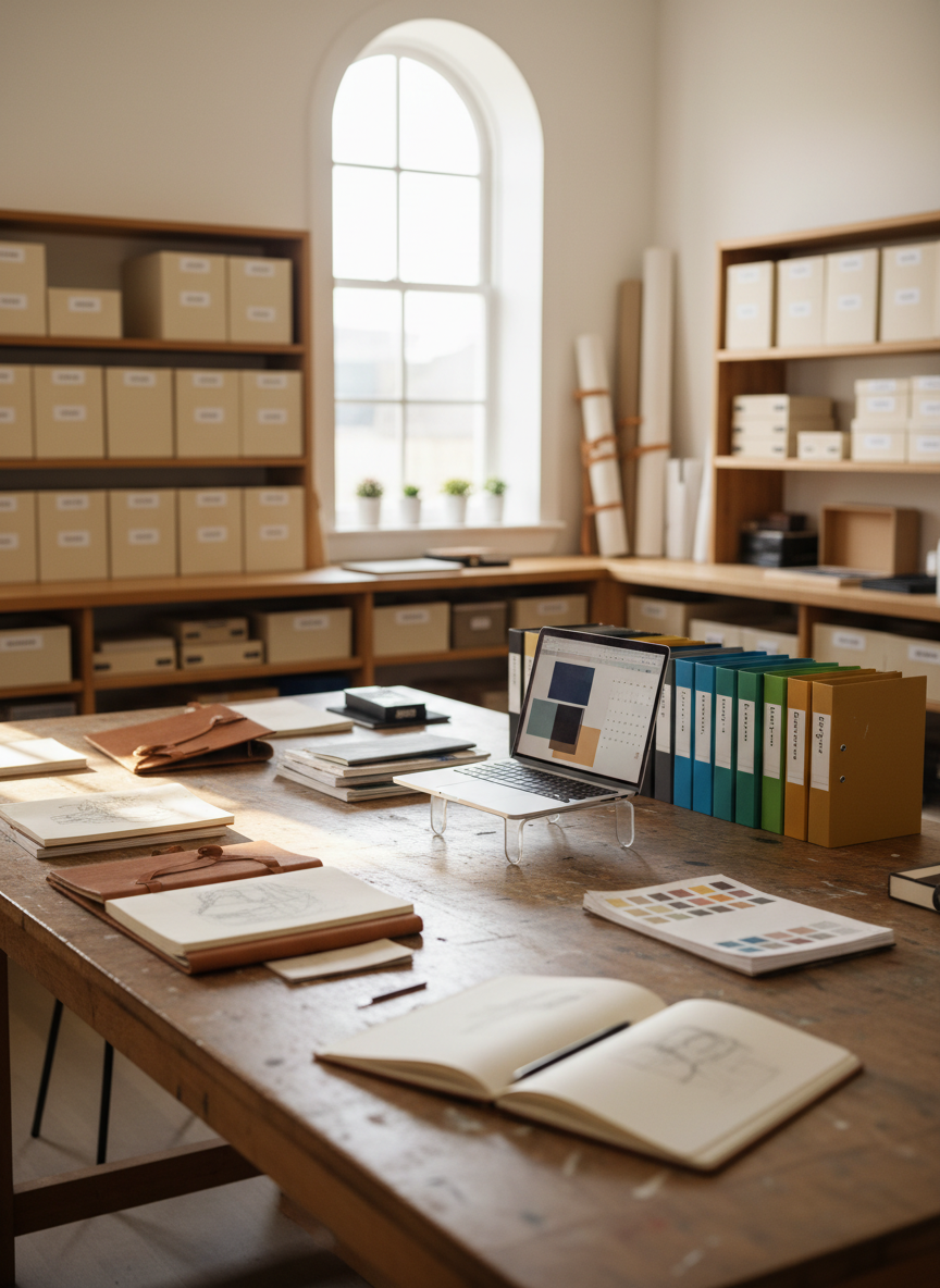A large wooden worktable in an artist’s studio, covered with neatly arranged sketchbooks, pigment-stained notebooks, color-coded folders, and a slim laptop with an abstract calendar open, photographed in realistic detail. Around the table, shelves hold organized boxes of art supplies and rolled canvases. Soft morning light pours in from a high studio window, creating gentle highlights on the paper edges and subtle shadows under the objects. The mood is calm, focused, and professional, showing the harmony of creative work and structured planning. Shot at eye level with a shallow depth of field, the foreground notes in crisp focus and the background studio softly blurred, in a clean, modern photographic style.