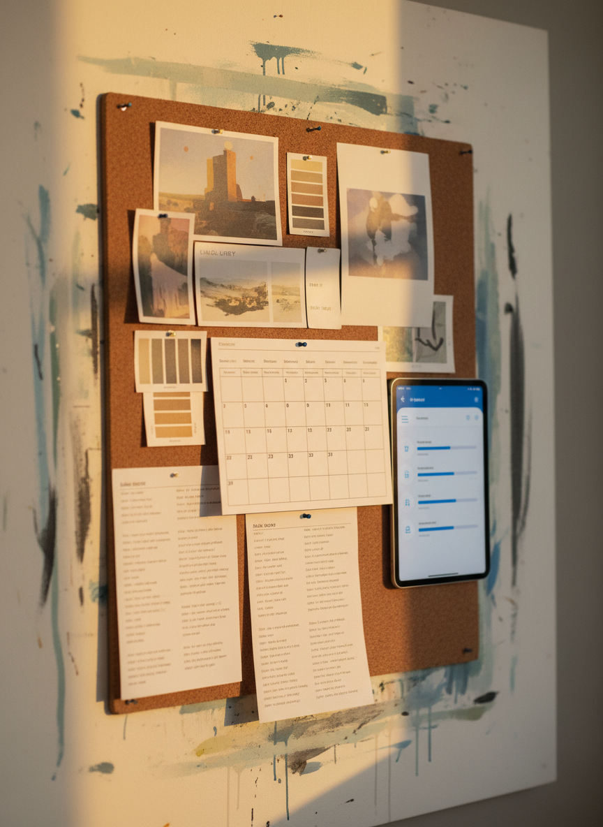 A close-up, photographic shot of a corkboard in an artist’s studio, meticulously pinned with exhibition postcards, color swatches, printed to-do lists, and a minimalist monthly planner. Beside it, a slim tablet shows a clean project dashboard with progress bars, all rendered without readable text. The surrounding wall bears faint traces of paint and graphite, adding texture. Warm, late afternoon light grazes the board from the side, creating dimensional shadows from each pin and paper edge. The mood is practical and encouraging, suggesting clear structure for an artist’s career. Composition follows the rule of thirds, with the planner area in sharp focus and the studio wall gently blurred, creating a professional yet distinctly artistic photographic style.